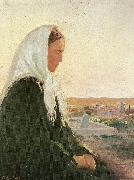 Anna Ancher, ung kvinde pa kirkegarden i skagarden